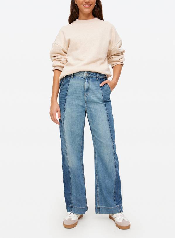 Mid Denim Two Tone Detail Ultra Wide Leg Jeans 18S